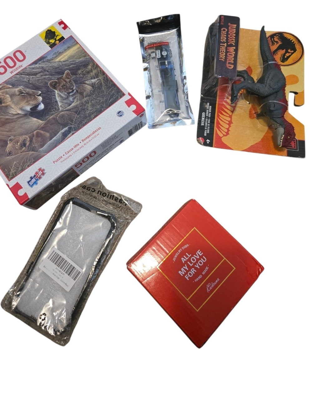 Assorted Toys & Gifts Bundle — Puzzle, Dino Figure, Phone Case, Jewelry Plate